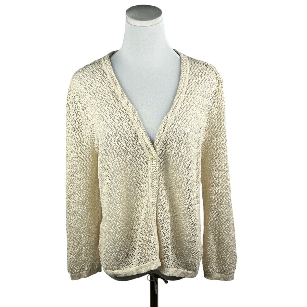Jones New York Cardigan‎ Sweater Woman L Crochet Cropped Ivory Boho Stretch